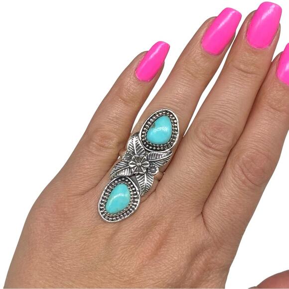 Campitos Turquoise Ring Size 6.5 Solid Sterling Silver 925 Natural Stone Flower - Picture 3 of 10